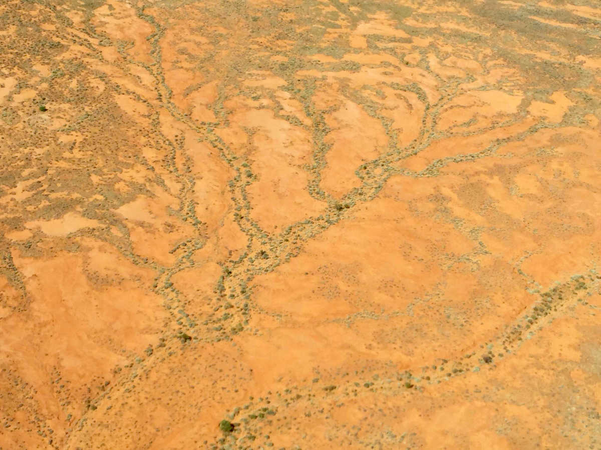 Aerial view of water patterns in Boolcoomatta landscape.